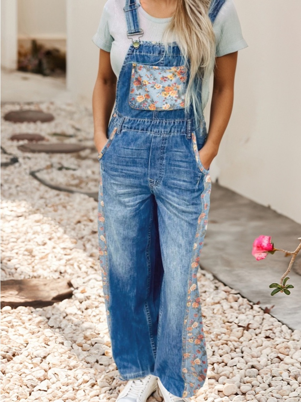 Women's Floral-Trim Denim Overalls - Blue